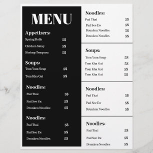 Design de menu preto e branco, design de menu simp