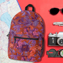 Design de monograma roxo roxo com folhas tropicais