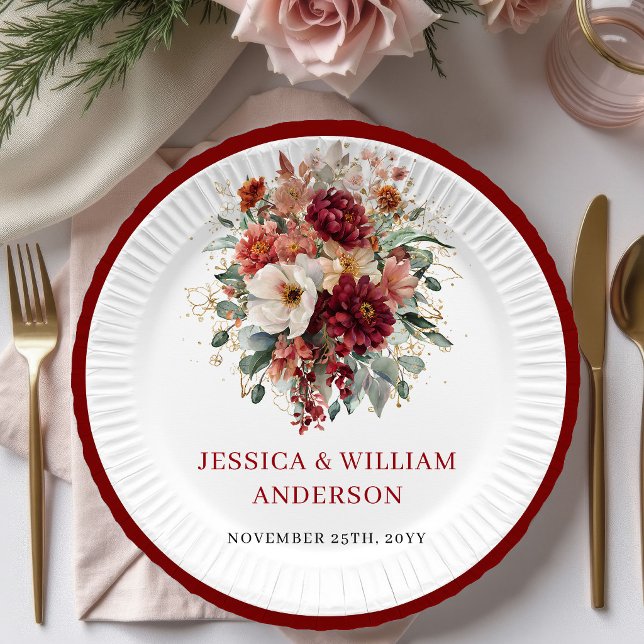 Design de Pratos de Papel de Casamento Boho Burgun (Boho Burgundy Greenery Wedding Paper Plates Design

)