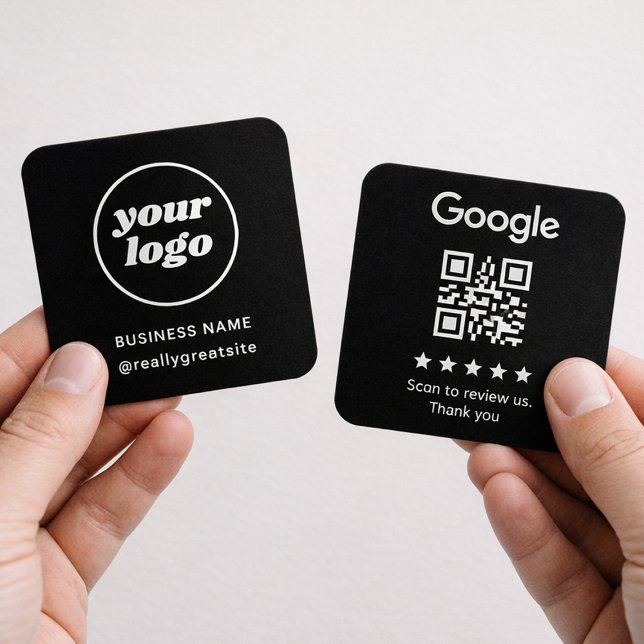Design de QR de Análise de Negócios em Preto e Bra (Custom Google review card with QR code for modern business branding)