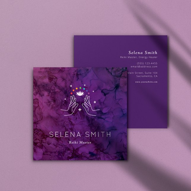 Design de quadrado Cartão de visita de Reiki com C (Reiki Business card mock-up shown both front and back design with foliage overlay
)