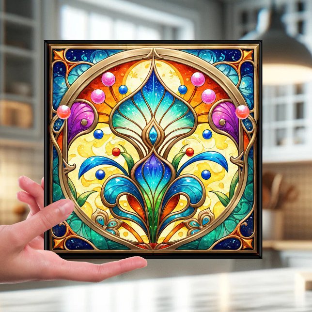 Design de vidro colorido Azulejo de vidro calorífi (Tile featuring a stained glass or leaded glass style design with a colorful art deco flower)