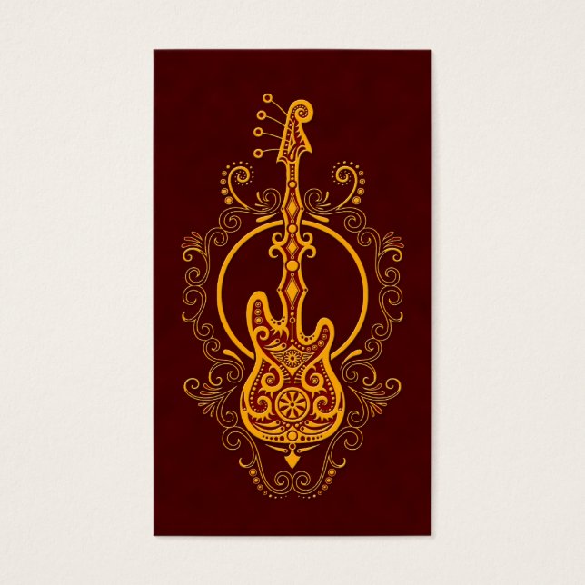 Design de Violão Vermelho Intriciado em Bass Ouro (Frente)