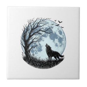 Design Silhueta da Árvore da Lua Uivando Lobo Vint