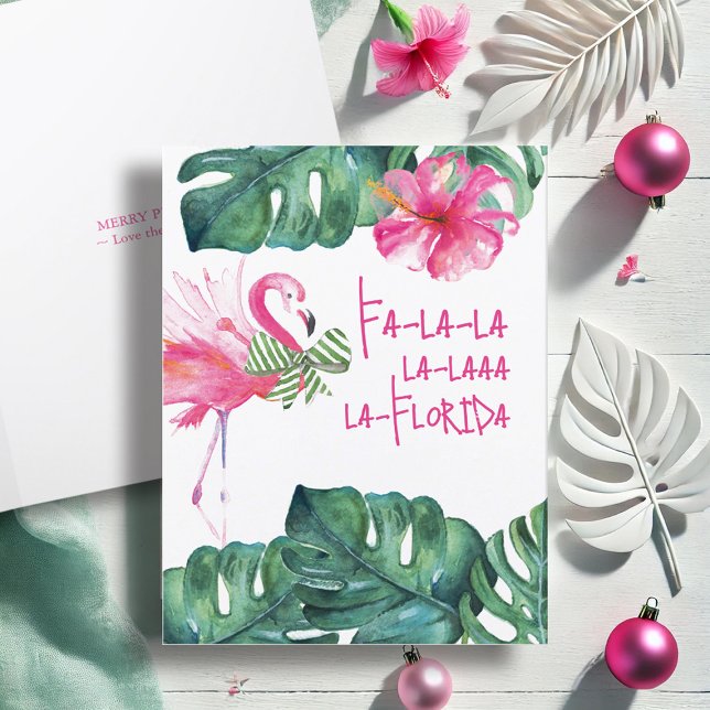 Designs de cartões de Natal Tropicais (Pink flamingo Christmas cards watercolor tropical art by Victoria Grigaliunas of Do Tell A Belle)