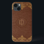 Destaques Dourados do Couro Marrom Elegante Vintag<br><div class="desc">Tons marrons elegantes e elegantes parecem couros falsos com tons de ouro acentos de renda floral. O monograma personalizável é opcional.</div>