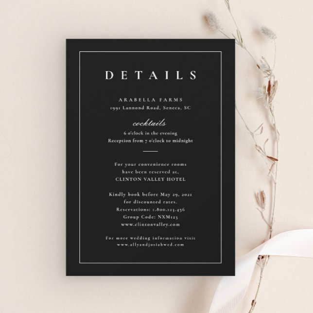 Detalhes Clássicos de Casamento Preto e Branco (Simple Black and White Wedding Details Enclosure Cards.)