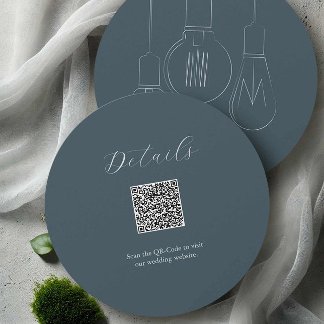 Detalhes da cinza Código QR Cartão Casamento Indus (Industrial chic wedding stationery details card Edison bulb art by Victoria Grigaliunas DoTellABelle)