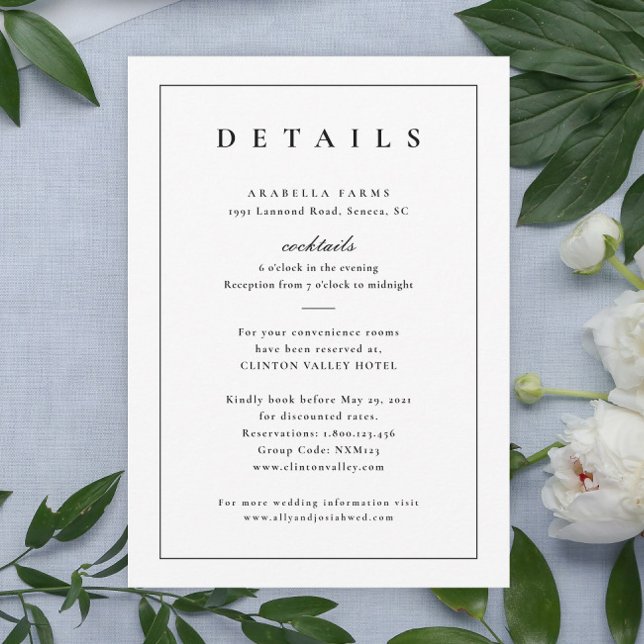 Detalhes de Casamento Clássico Preto e Branco Encl (Simple Typographic Wedding Invitation Details Enclosure Card.)