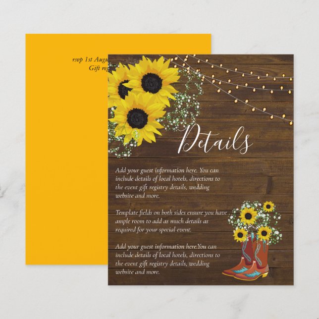 Detalhes de Cunho de Casamento Rústico de Girassol (Frente/Verso)