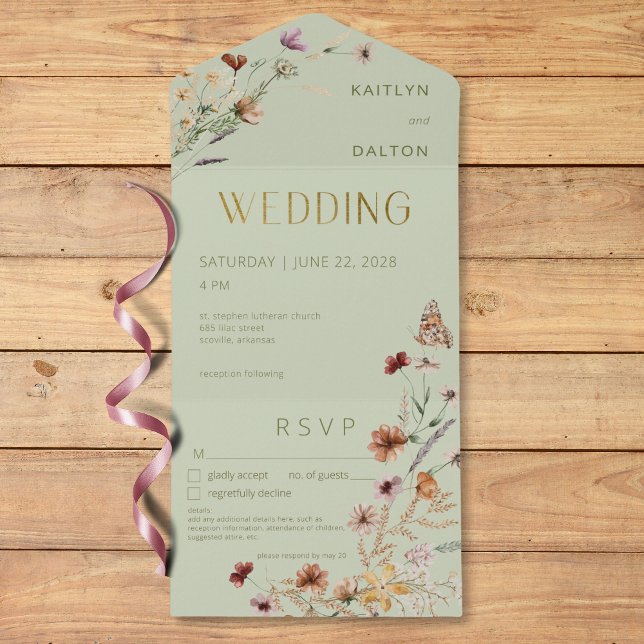 Detalhes do Buquê Verde de Flor Selvagem Moderna (Modern Sage Green Wildflower Bouquet Details All In One Invitation)