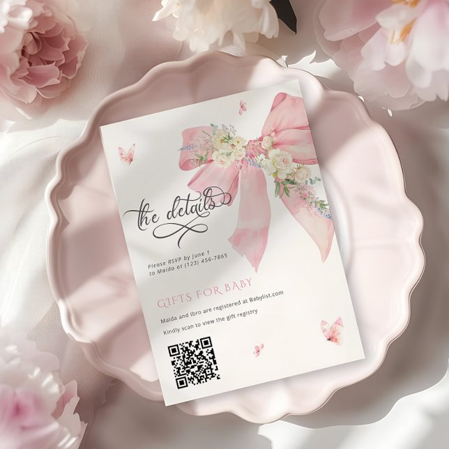 Detalhes do Cartão da Festa de Bebê com Laço Rosa  (Criador carregado)