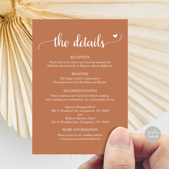 Detalhes do Casamento, Cartão de Enclausura em Scr (Wedding Details, Rustic Script Enclosure Card, in Copper Terracotta Brown rust)