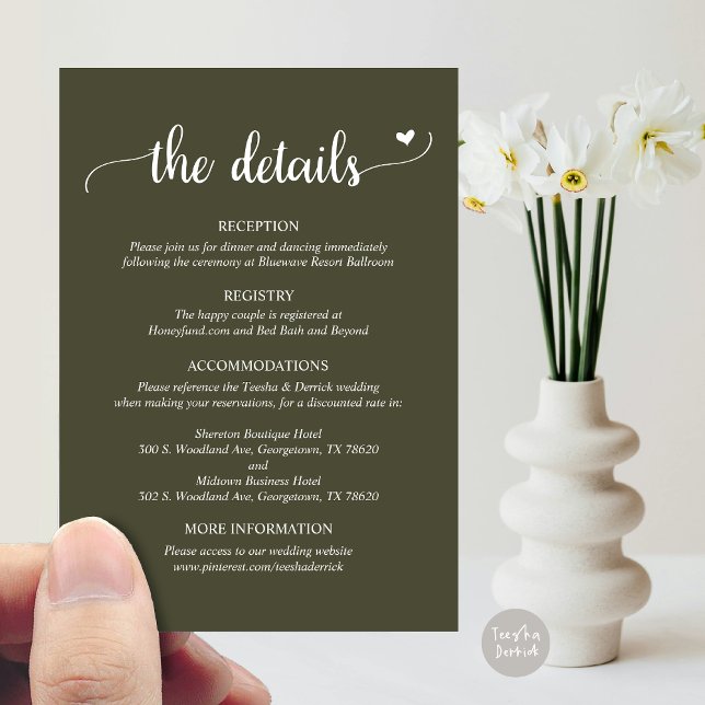 Detalhes do Casamento, Cartão de Gabinete Rustic S (Wedding Details, Rustic Script Enclosure Card, in Olive Green)