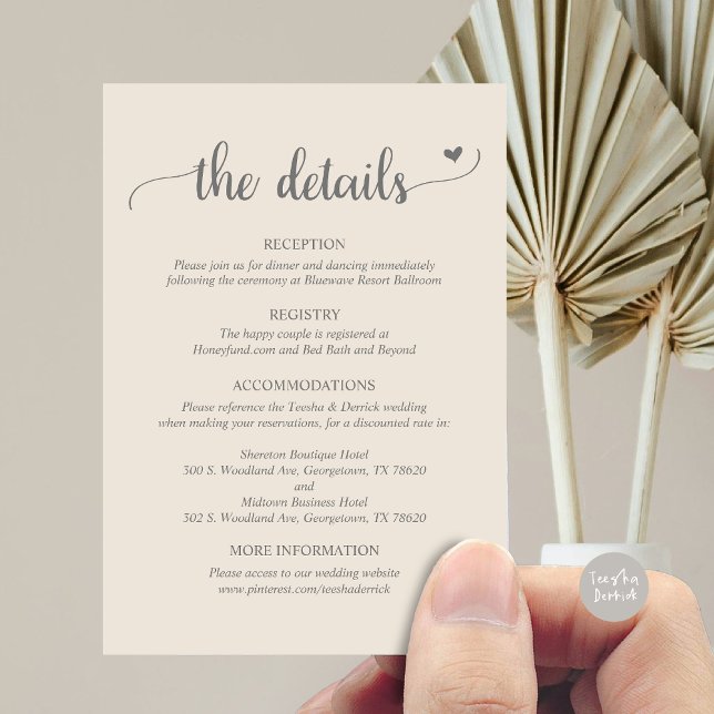 Detalhes do Casamento, Cartão de Gabinete Rustic S (Wedding Details, Rustic Script Enclosure Card, in Cream Dark Grey)