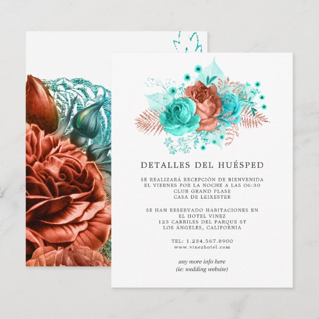 Detalhes do Convite de Casamento em Turquesa e Cor (Frente/Verso)