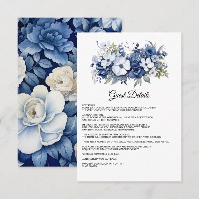 Detalhes do Convite de Casamento Floral Azul Marin (Frente/Verso)