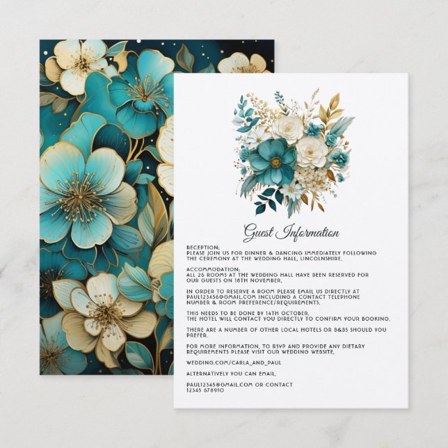 Detalhes do Convite de Casamento Floral Turquesa e (Frente/Verso)