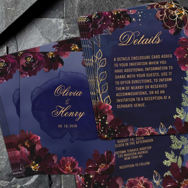 Detalhes do Convite para Casamento Bordeaux do mar (Navy Bordeaux Wedding Invitation Details Enclosure Card featuring Navy & Burgundy Florals with Gold)