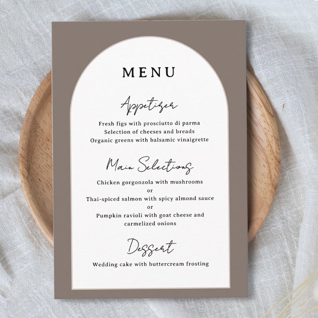 Detalhes do Janto Personalizado do Menu de Recepçã (Arched Wedding Reception Menu Custom Dinner Detail Modern Taupe Dome Arch Meal Choices Options)