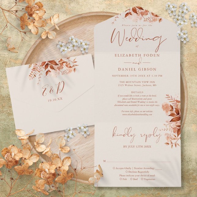Detalhes Florais Rústicos de Outono RSVP Casamento (Autumn Fall Rustic Floral Details RSVP Wedding All In One Invitation)