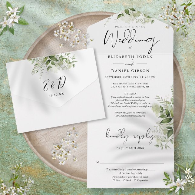 Detalhes Florais Verdes Chic Script RSVP Casamento (Chic Script Greenery Floral Details RSVP Wedding All In One Invitation)