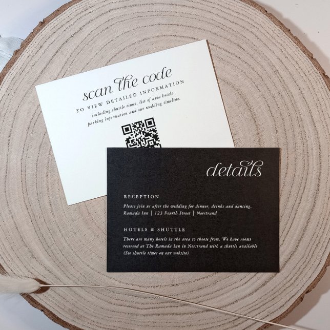 Detalhes Simples do Cartão de Informação de Casame (Wedding information card - modern, minimalist, simple and elegant black with white text and qr code)