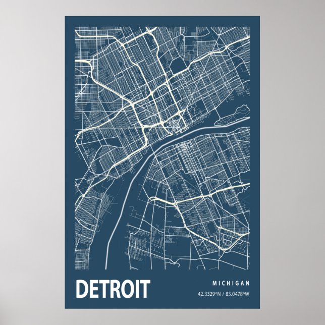 Detroit Michigan City Map Line Art Blue Impressão (Frente)