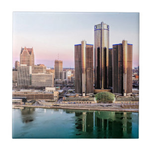 Detroit Skyline na Porta copos do Azulejo Dawn