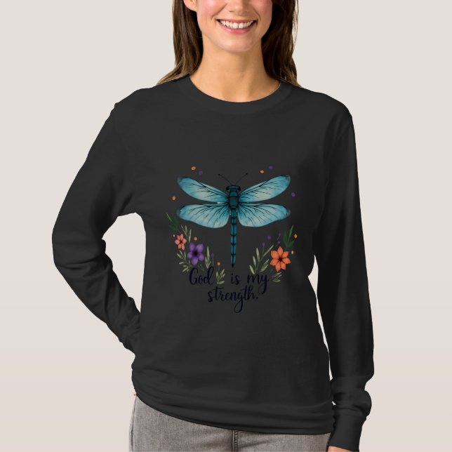 Deus é minha força Floral Libélula Camiseta Cristã (Frente)