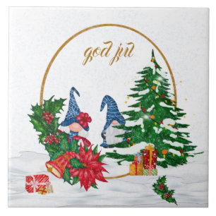 Deus Jul Gnomos Suecos Casal Azul Azulejo Cerâmic