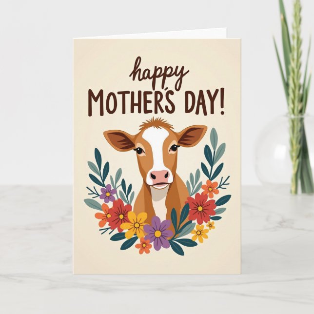 Dia das Mães Floral Vaca Cartão (Frente)