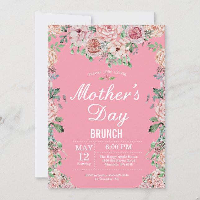 Dia de as mães de Peões Rosa Floral Convite Brunch (Frente)