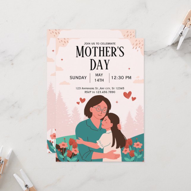 Dia de as mães Floral Rosa Pastel Convite (Frente/Verso In Situ)
