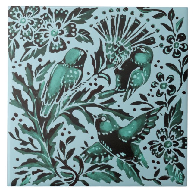 Dia de as mães Teal Bue Birds & Flowers Aqua Green (Frente)