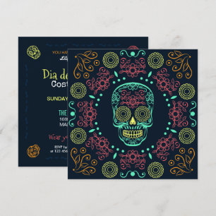 Dia de los Muertos Neon Floral Skull   Convite