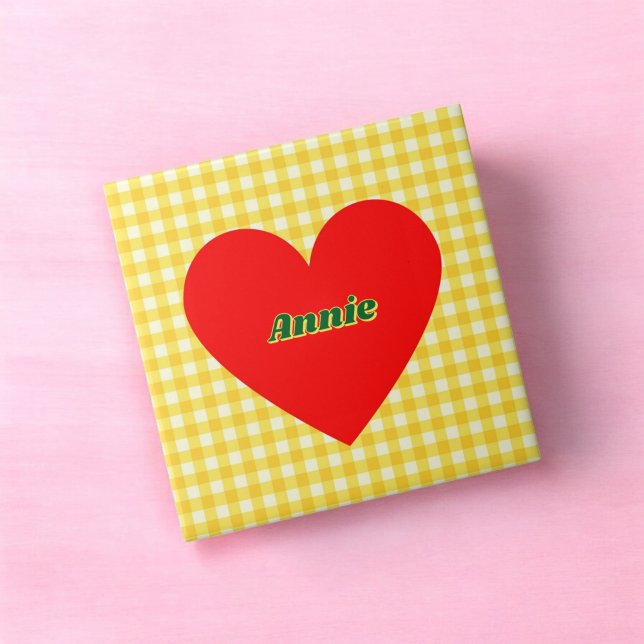 Dia de os namorados Amarelo do Coração Vermelho (Red Heart Yellow Gingham Valentine's Day Ceramic Tile)