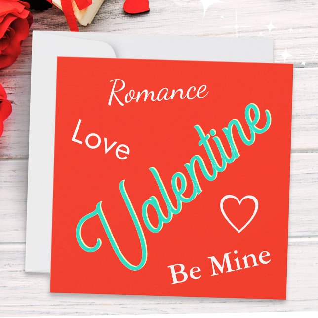 Dia de os namorados de Texto Personalizado Românti (A red greeting card with 'Valentine' in turquoise script typography and custom text on the back)