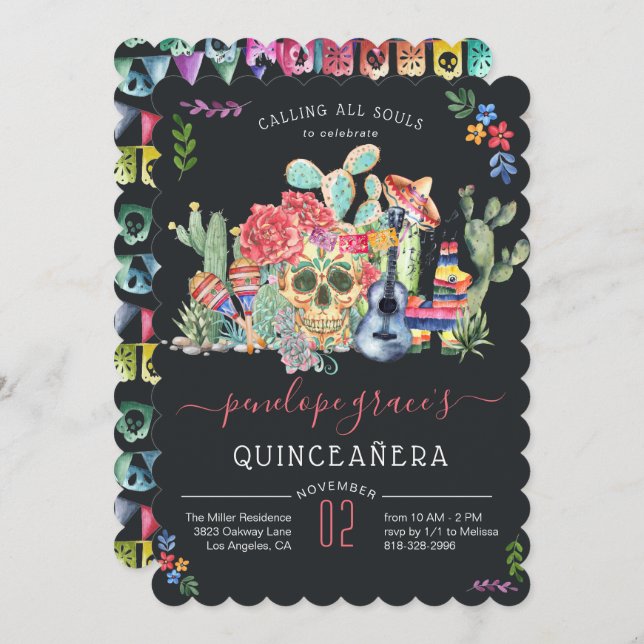 Dia do Crânio dos Mortos do Convite Quinceañera (Frente/Verso)