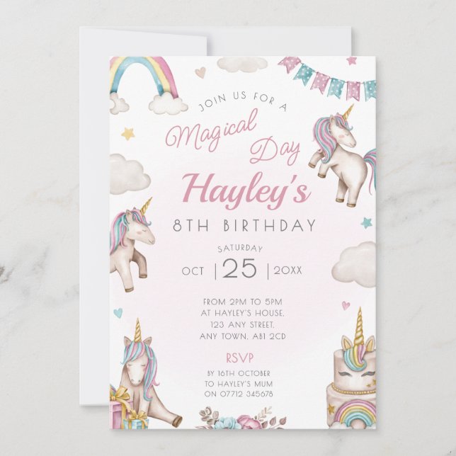 Dia Mágico do Convite de aniversário Unicórnio (Frente)