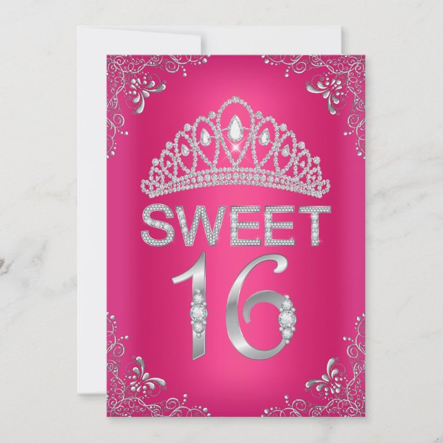 Diamante Rosa Quente, Tiara Sweet 16 Convite (Frente)