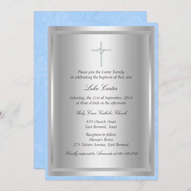 Diamond Cross Blue Baptism/Christening Convite (Frente/Verso)