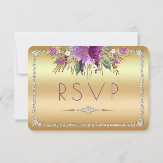 Diamond Glitter Watercolor Flowers RSVP Dourado (Frente)