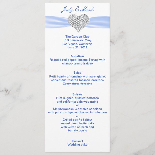 Diamond Heart Blue Wedding Menu Card (Frente)