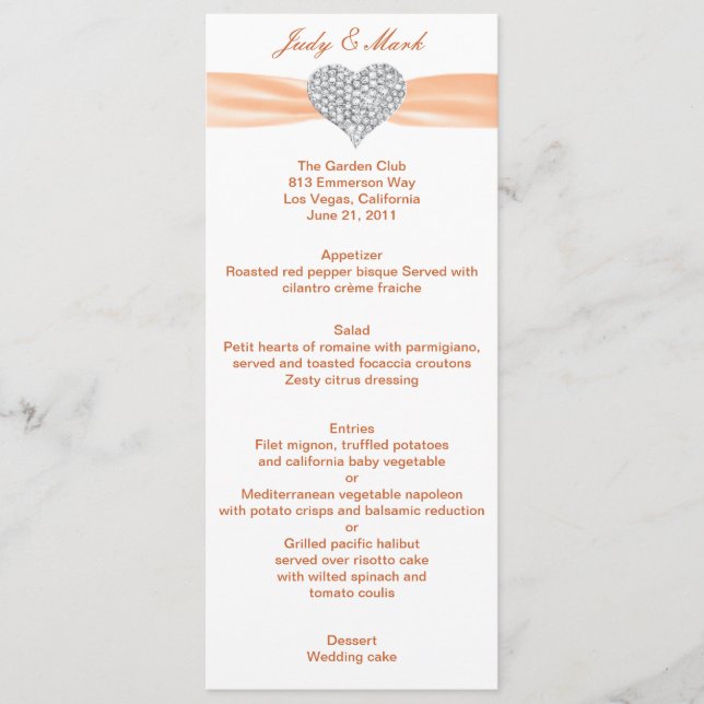 Diamond Heart Orange Wedding Menu Card (Frente)