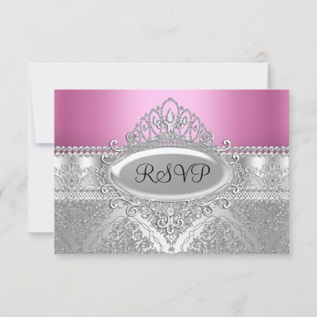 Diamond Tiara & Silver Damask Pink RSVP (Frente)