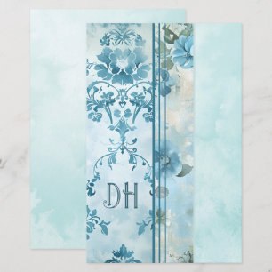 Diário de papel azul Vintage Floral Monograma 5,5x