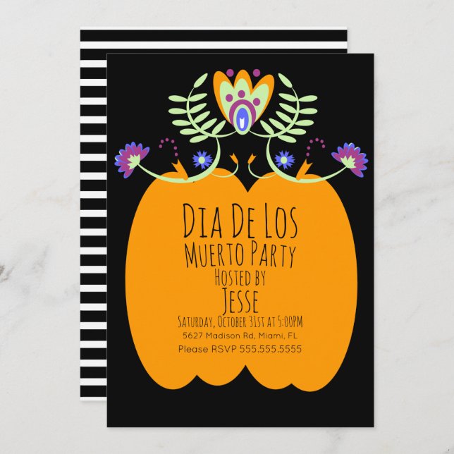 Dias De Los Muerto Pumpkin Folk Florals Convite (Frente/Verso)