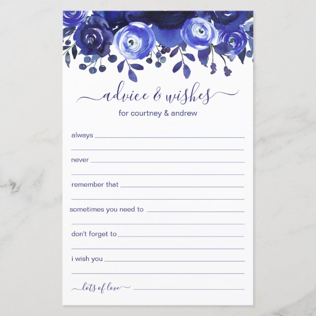 Dicas e Desejos de Casamento Floral Azul (Frente)