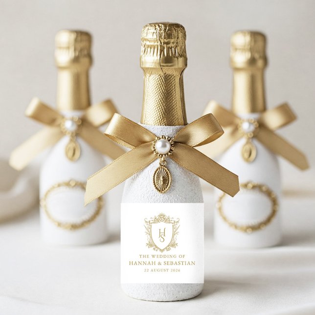 Dinheiro Antigo Brasão Vintage Casamento (Elegant Crest Old Money Wedding Champagne Label)